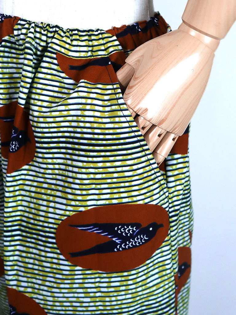 前後ポケット付きコクーンパンツ/グリーン×バード