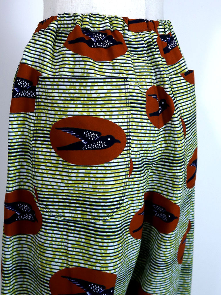 前後ポケット付きコクーンパンツ/グリーン×バード