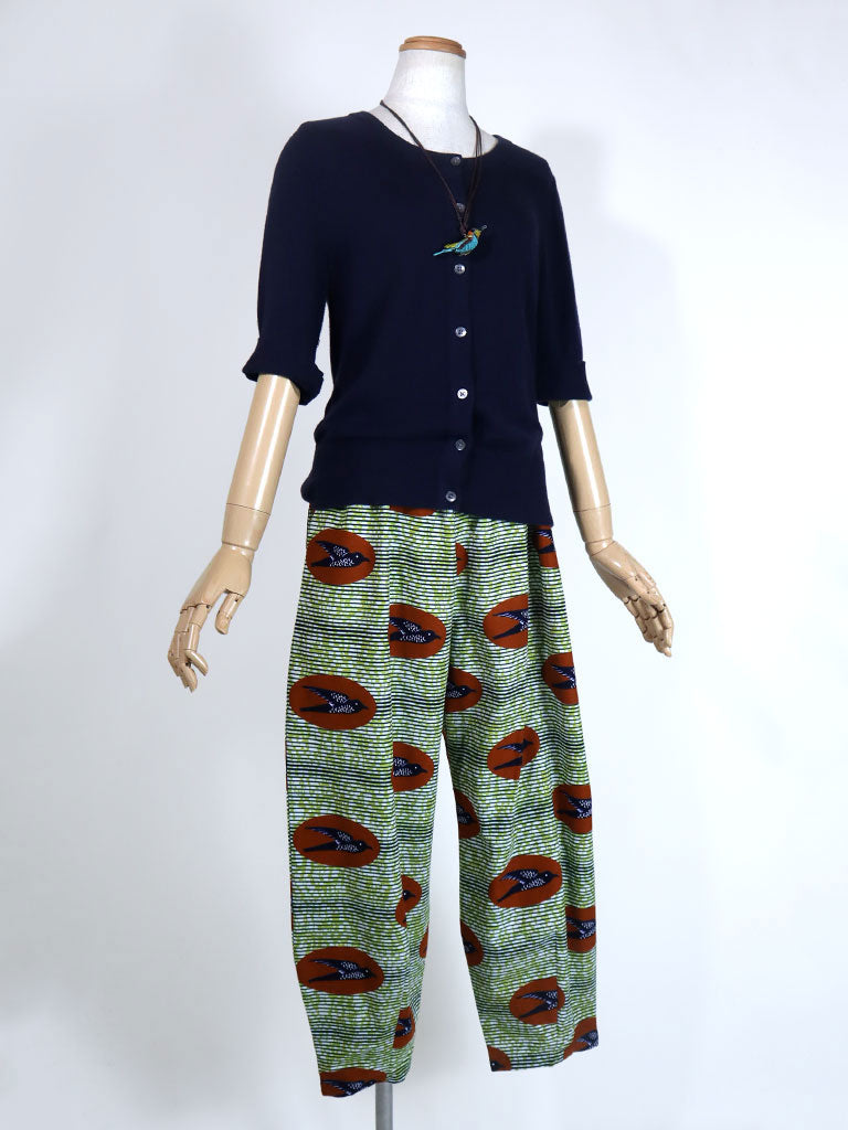 前後ポケット付きコクーンパンツ/グリーン×バード