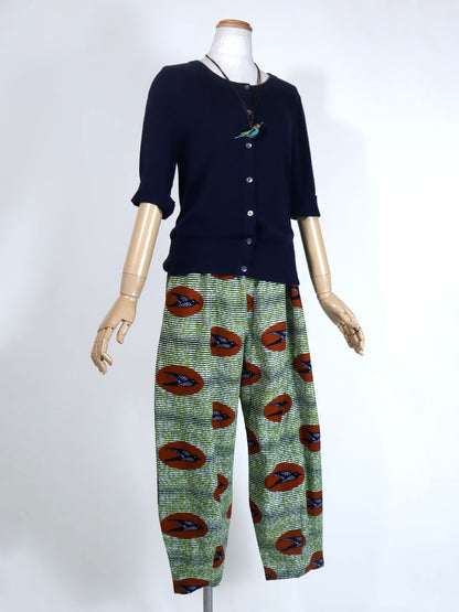 前後ポケット付きコクーンパンツ/グリーン×バード