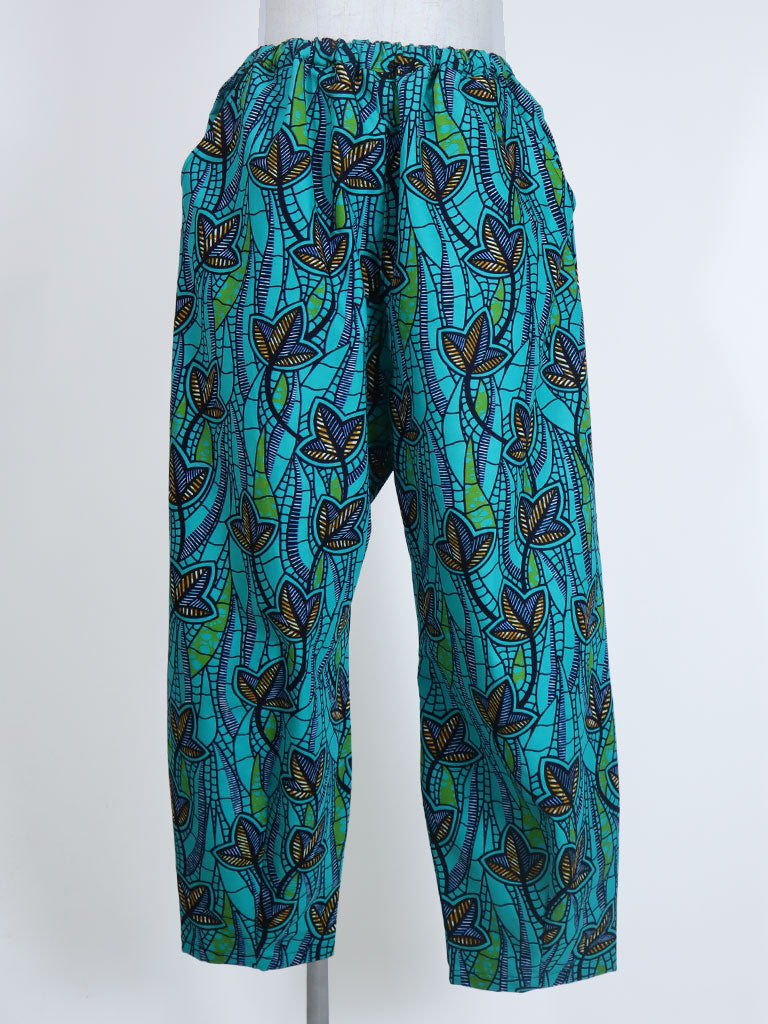 前後ポケット付きコクーンパンツ/ターコイズ×ボタニカル