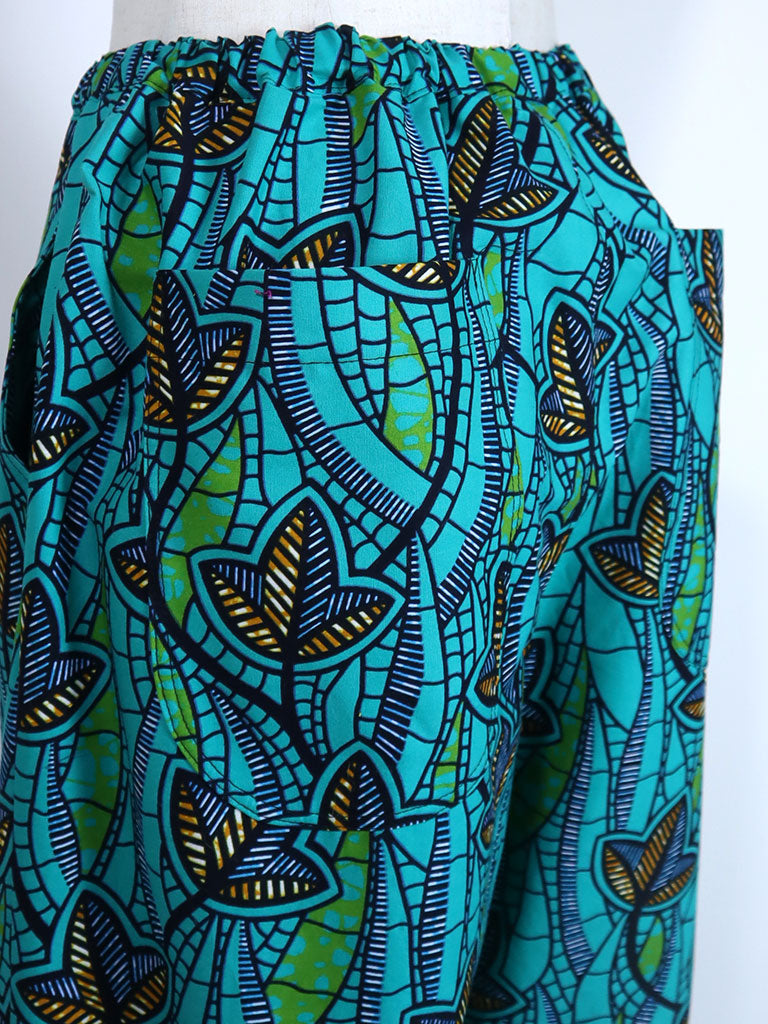 前後ポケット付きコクーンパンツ/ターコイズ×ボタニカル