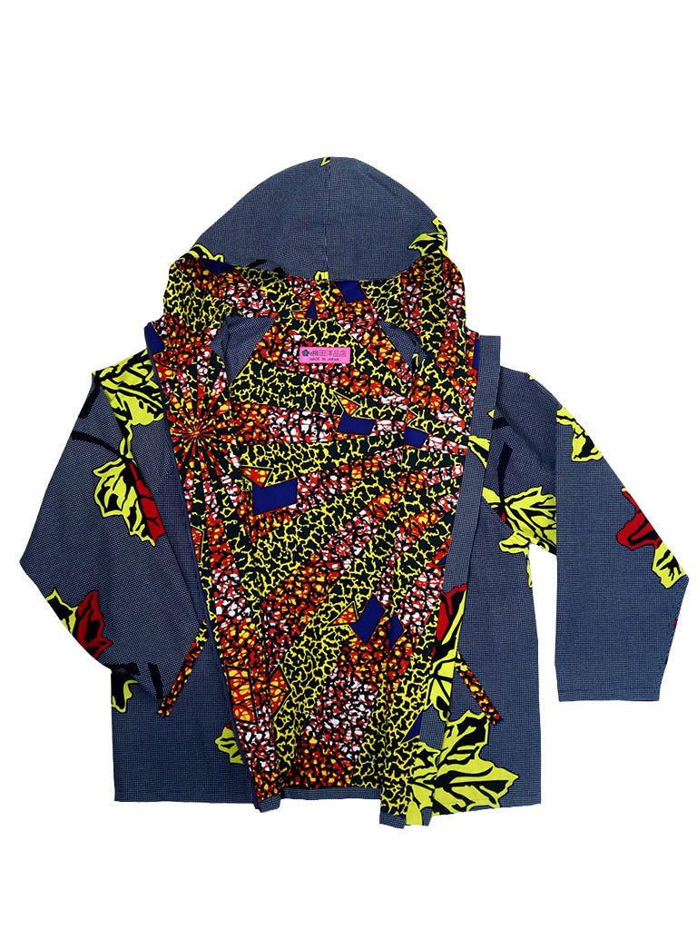 ポケット付きジップアップパーカー・ブルー×イエローリーフ