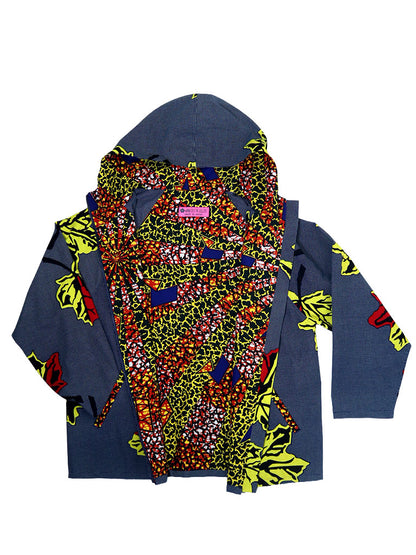 ポケット付きジップアップパーカー・ブルー×イエローリーフ