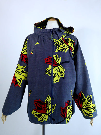 ポケット付きジップアップパーカー・ブルー×イエローリーフ