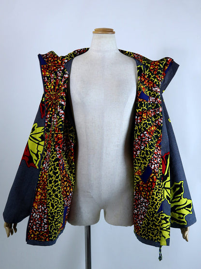 ポケット付きジップアップパーカー・ブルー×イエローリーフ