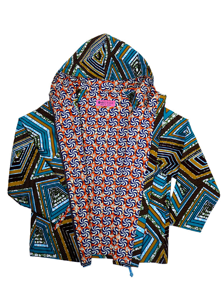 ポケット付きジップアップパーカー・ブルー×ブラウンスクエア