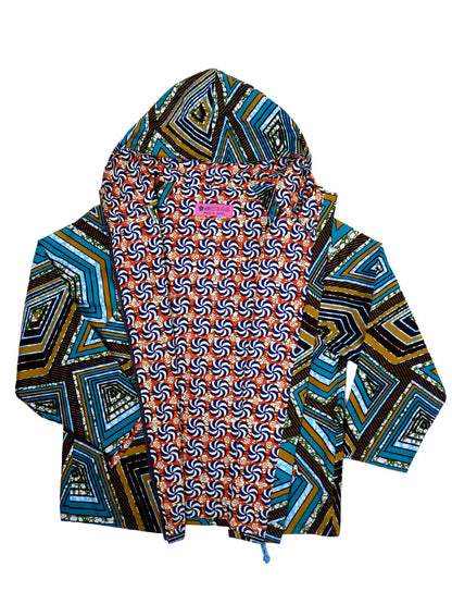 ポケット付きジップアップパーカー・ブルー×ブラウンスクエア