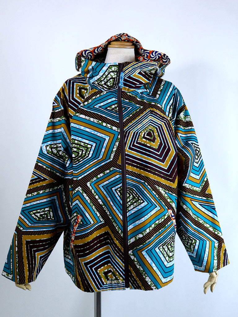 ポケット付きジップアップパーカー・ブルー×ブラウンスクエア