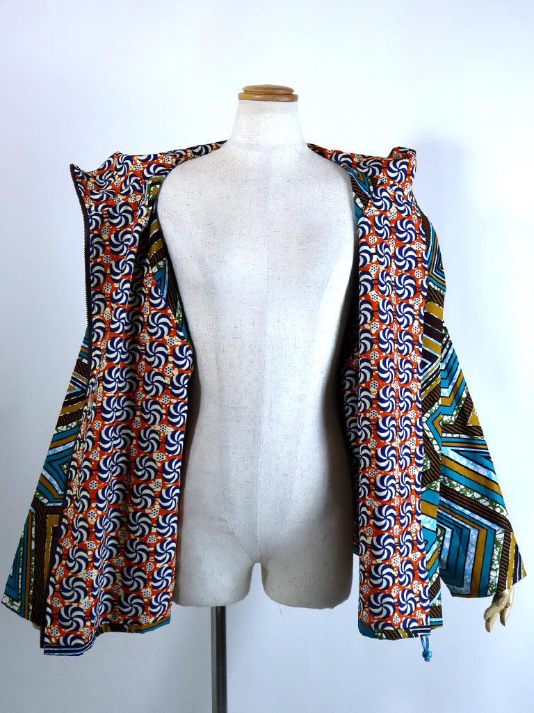 ポケット付きジップアップパーカー・ブルー×ブラウンスクエア