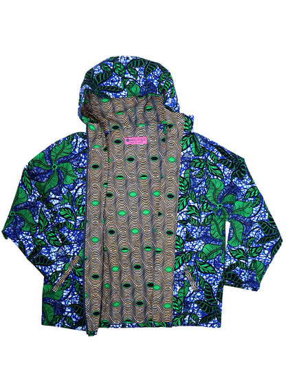 ポケット付きジップアップパーカー・ブルー×グリーンリーフ