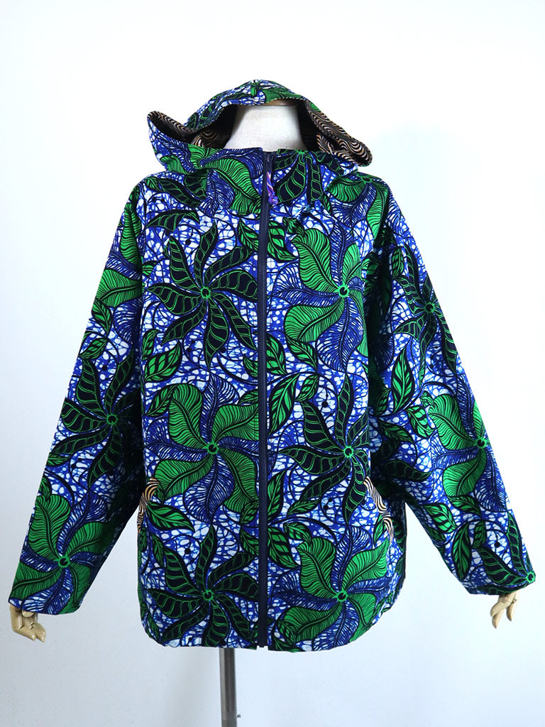 ポケット付きジップアップパーカー・ブルー×グリーンリーフ