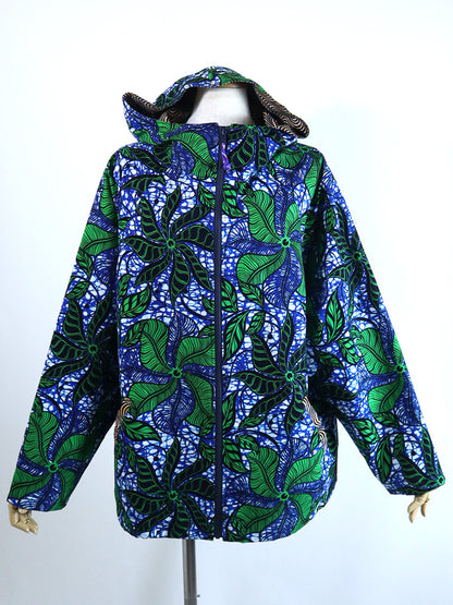 ポケット付きジップアップパーカー・ブルー×グリーンリーフ