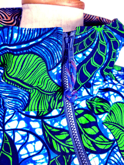 ポケット付きジップアップパーカー・ブルー×グリーンリーフ