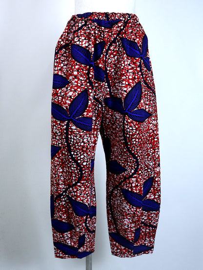 前後ポケット付きコクーンパンツ/レッド×ブルーの三つ葉