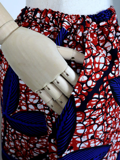 前後ポケット付きコクーンパンツ/レッド×ブルーの三つ葉