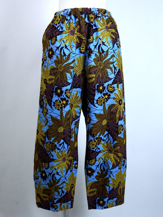 前後ポケット付きコクーンパンツ/ブルー×イエローフラワー