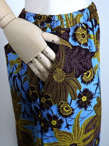 前後ポケット付きコクーンパンツ/ブルー×イエローフラワー