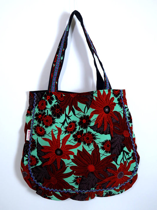 ぷくぷくトートバッグ・ターコイズ×レッドフラワー