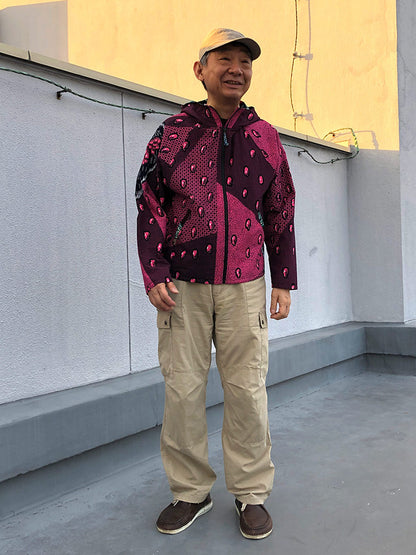 ポケット付きジップアップパーカー・ブルー×ブラウンスクエア