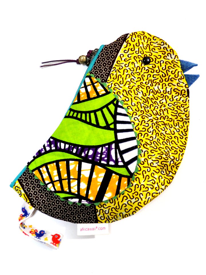 アフリカンプリントの鳥さんポーチ・イエローボディブルービークバード
