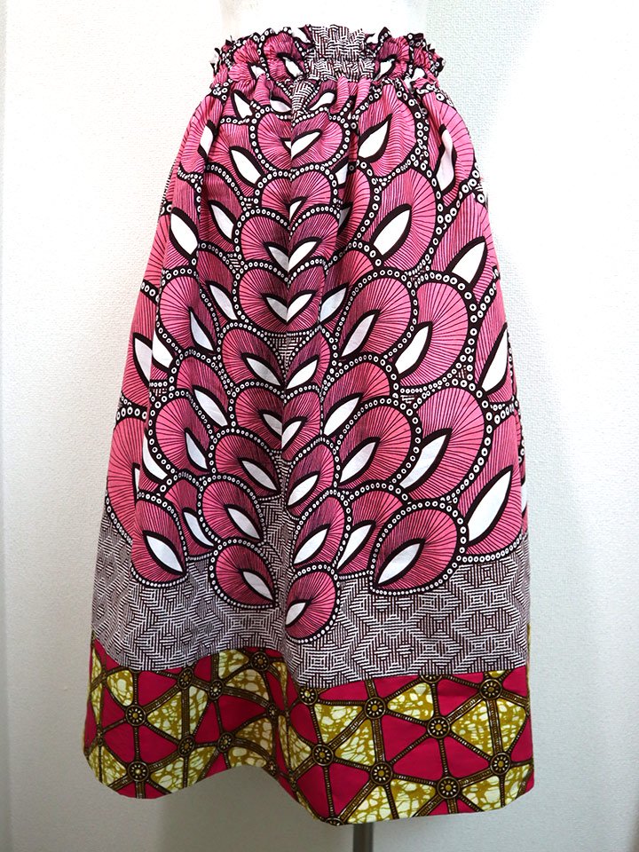 ポケット付きギャザー切り替えスカート・ピンクフェザー×トライアングル