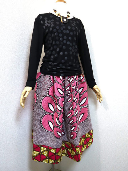 ポケット付きギャザー切り替えスカート・ピンクフェザー×トライアングル