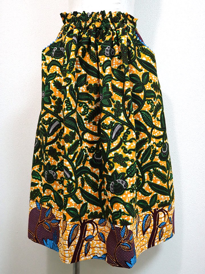 ポケット付きギャザー切り替えスカート・オレンジ×ボタニカル
