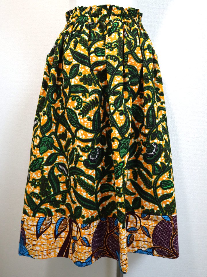 ポケット付きギャザー切り替えスカート・オレンジ×ボタニカル