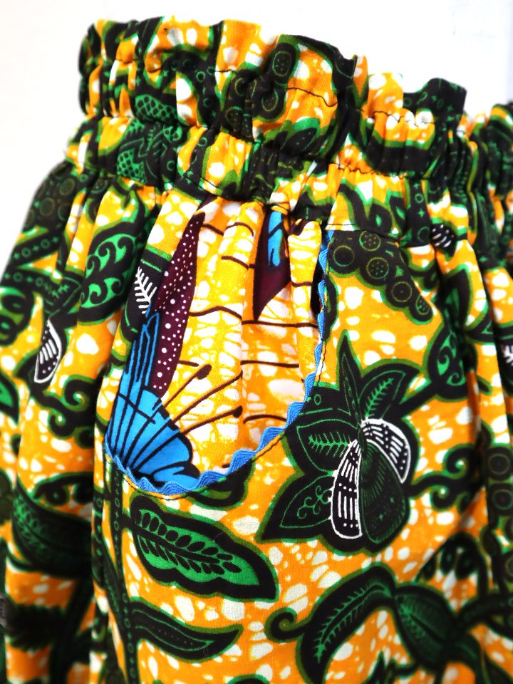 ポケット付きギャザー切り替えスカート・オレンジ×ボタニカル