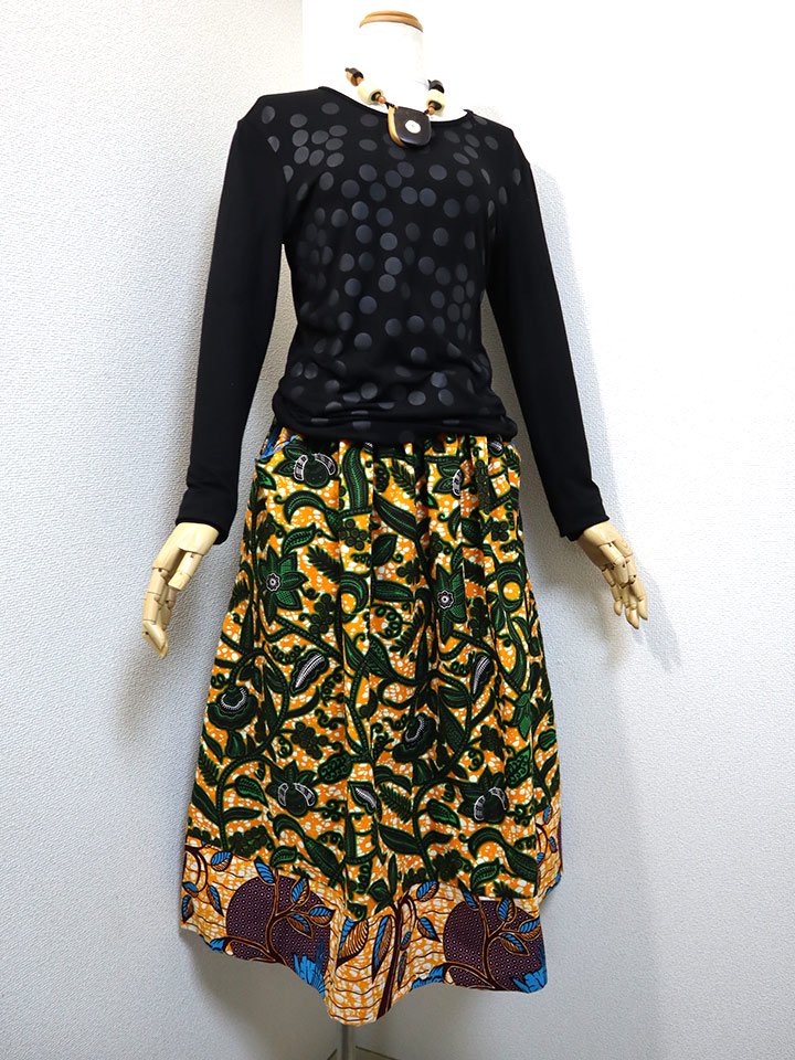 ポケット付きギャザー切り替えスカート・オレンジ×ボタニカル