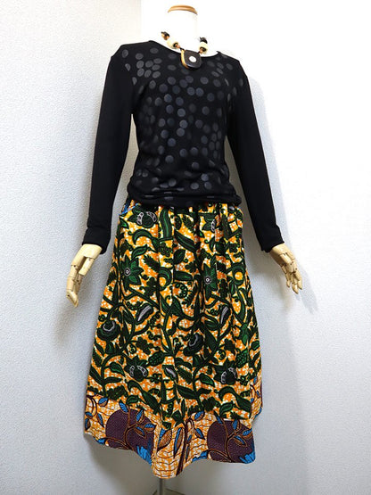 ポケット付きギャザー切り替えスカート・オレンジ×ボタニカル