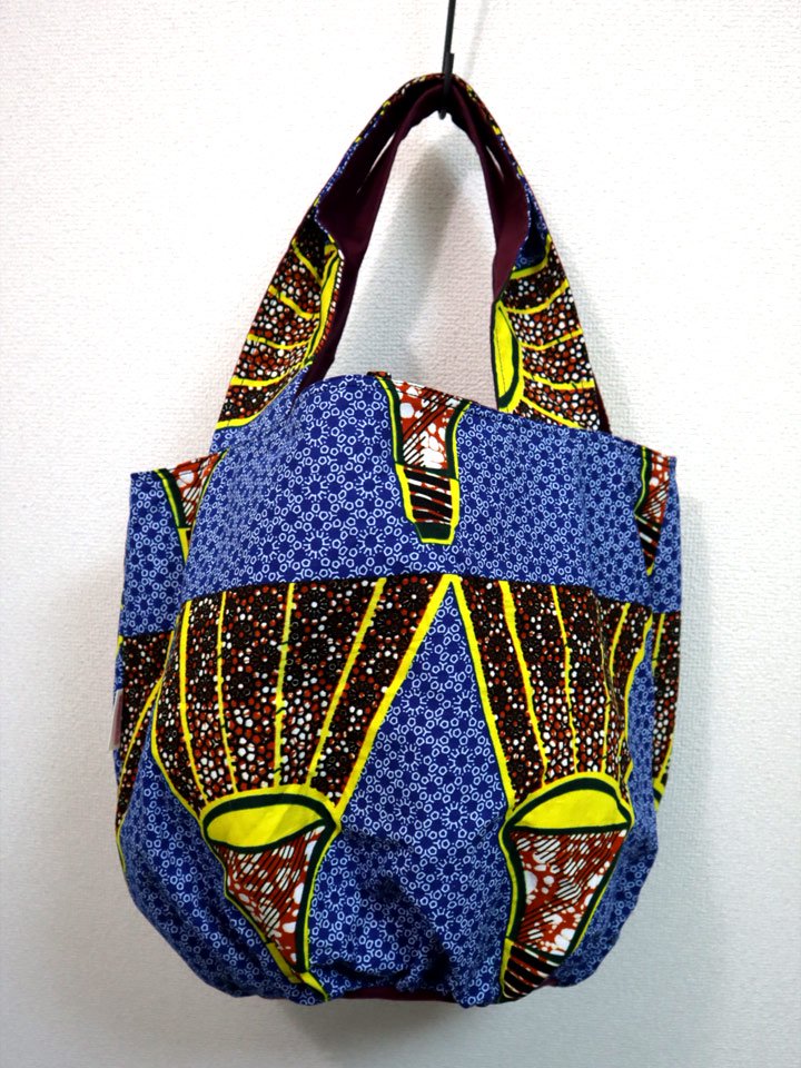 リネンのリバーシブルバッグ・ブルー×ライト（リネン色ボルドー）