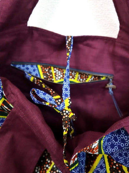 リネンのリバーシブルバッグ・ブルー×ライト（リネン色ボルドー）