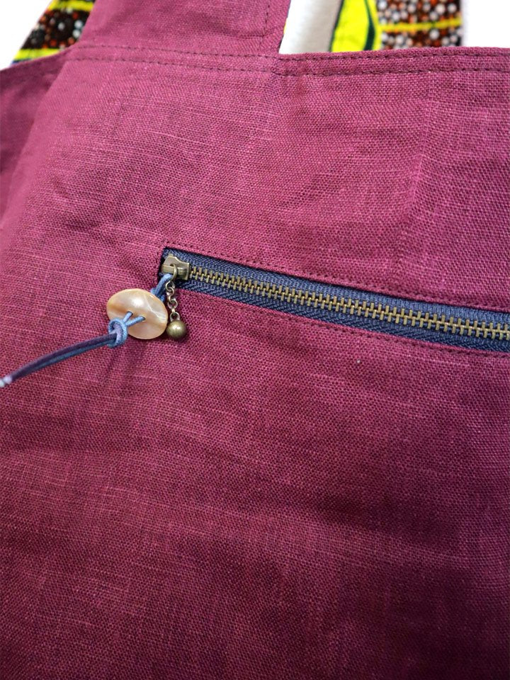 リネンのリバーシブルバッグ・ブルー×ライト（リネン色ボルドー）