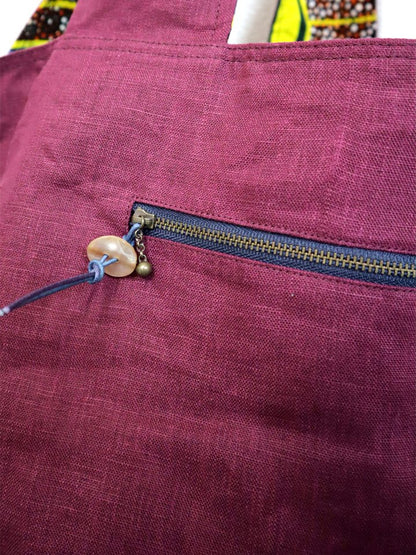 リネンのリバーシブルバッグ・ブルー×ライト（リネン色ボルドー）