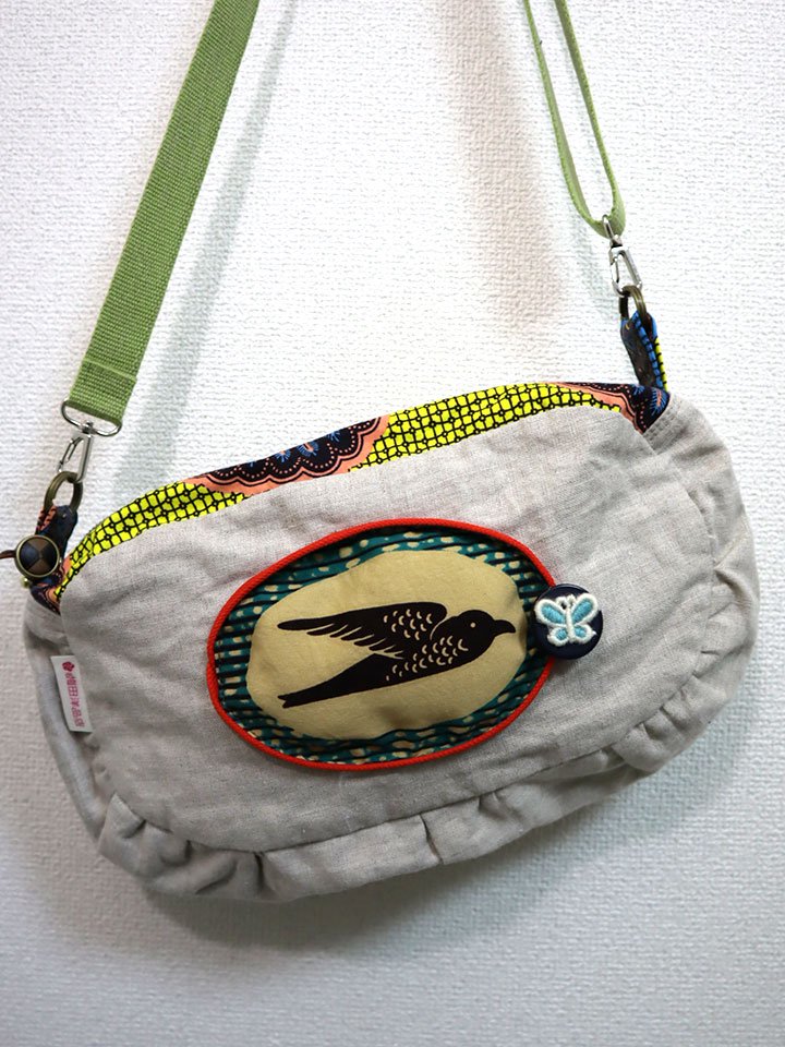 リネンのコラージュ・ショルダーバッグ・クリーム×ターコイズ