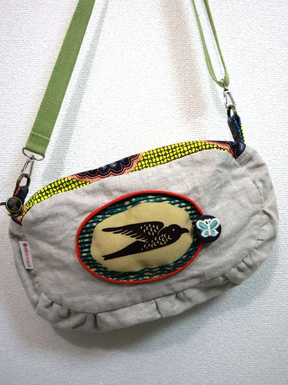 リネンのコラージュ・ショルダーバッグ・クリーム×ターコイズ