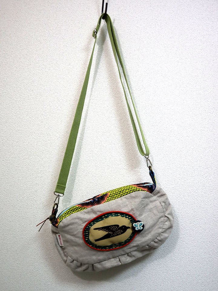 リネンのコラージュ・ショルダーバッグ・クリーム×ターコイズ