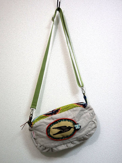 リネンのコラージュ・ショルダーバッグ・クリーム×ターコイズ