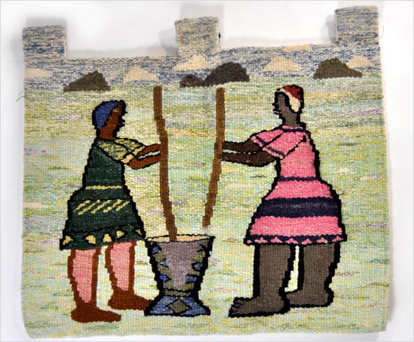 ジンバブエの手織りタペストリー・杵つきする女性たち