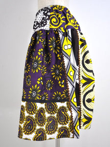 カンガのパッチワーク膝丈スカート・黄色の花と紫ペイズリー