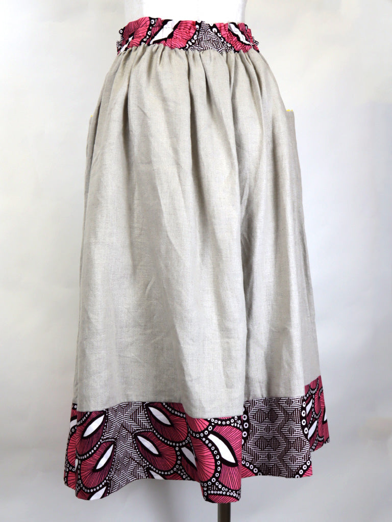 リネンのポケット付きギャザー切り替えスカート・ピンクフェザー（リネン色ナチュラル）