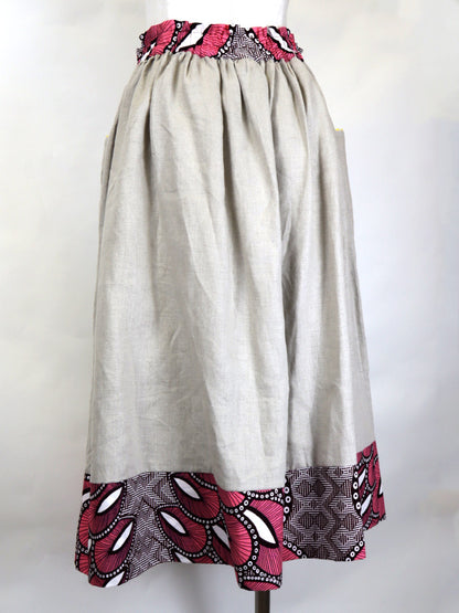 リネンのポケット付きギャザー切り替えスカート・ピンクフェザー（リネン色ナチュラル）