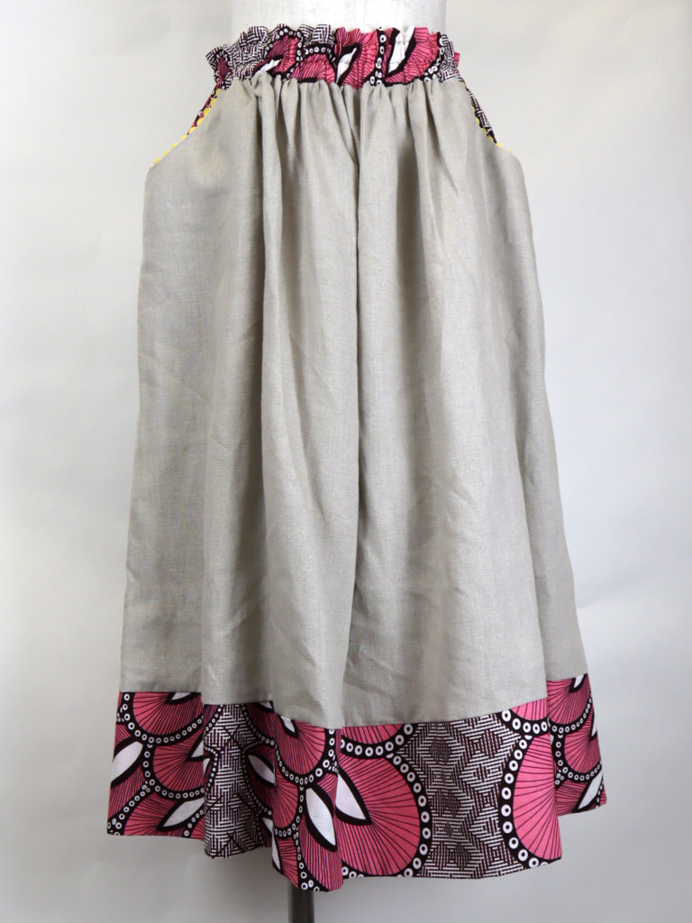 リネンのポケット付きギャザー切り替えスカート・ピンクフェザー（リネン色ナチュラル）