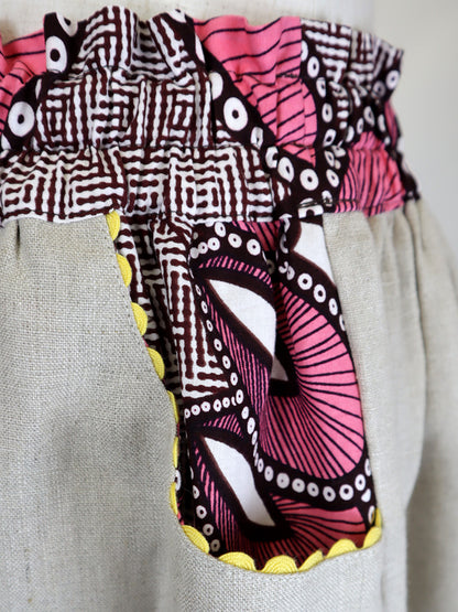 リネンのポケット付きギャザー切り替えスカート・ピンクフェザー（リネン色ナチュラル）